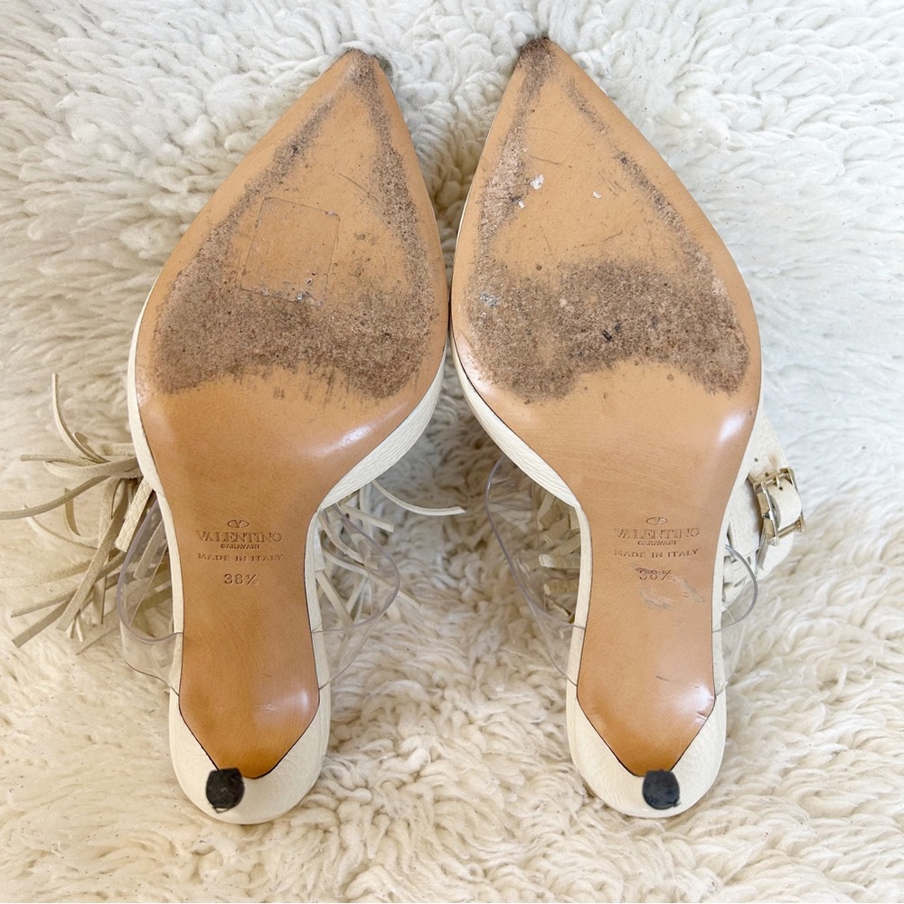 Valentino C-Rockee White Leather Illusion Fringe Ankle Wrap Heels Size EU 38.5 - Picture 14 of 15